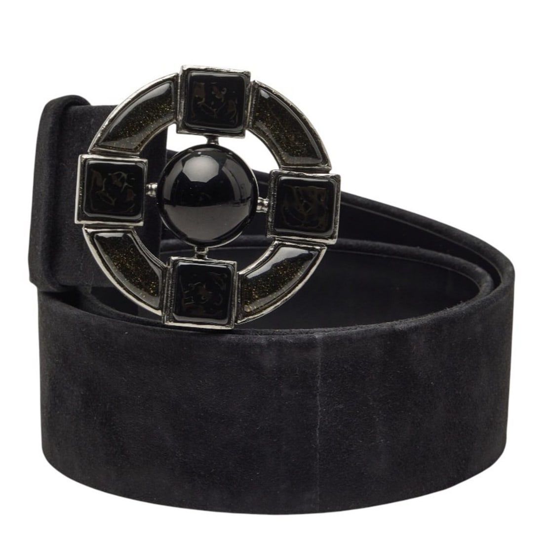 Chanel belt, size 80 (32), black suede, with colored stones, for women.: --- Catalog ---Category: SizeWidth: 4.5cm / 1.77''Length: 74cm - 82cm / 29.13'' - 32.28''Category: DesignType: Standard beltColor: BlackGender: WomenLeather/Fur Type: Suede leatherMaterial (Strap):