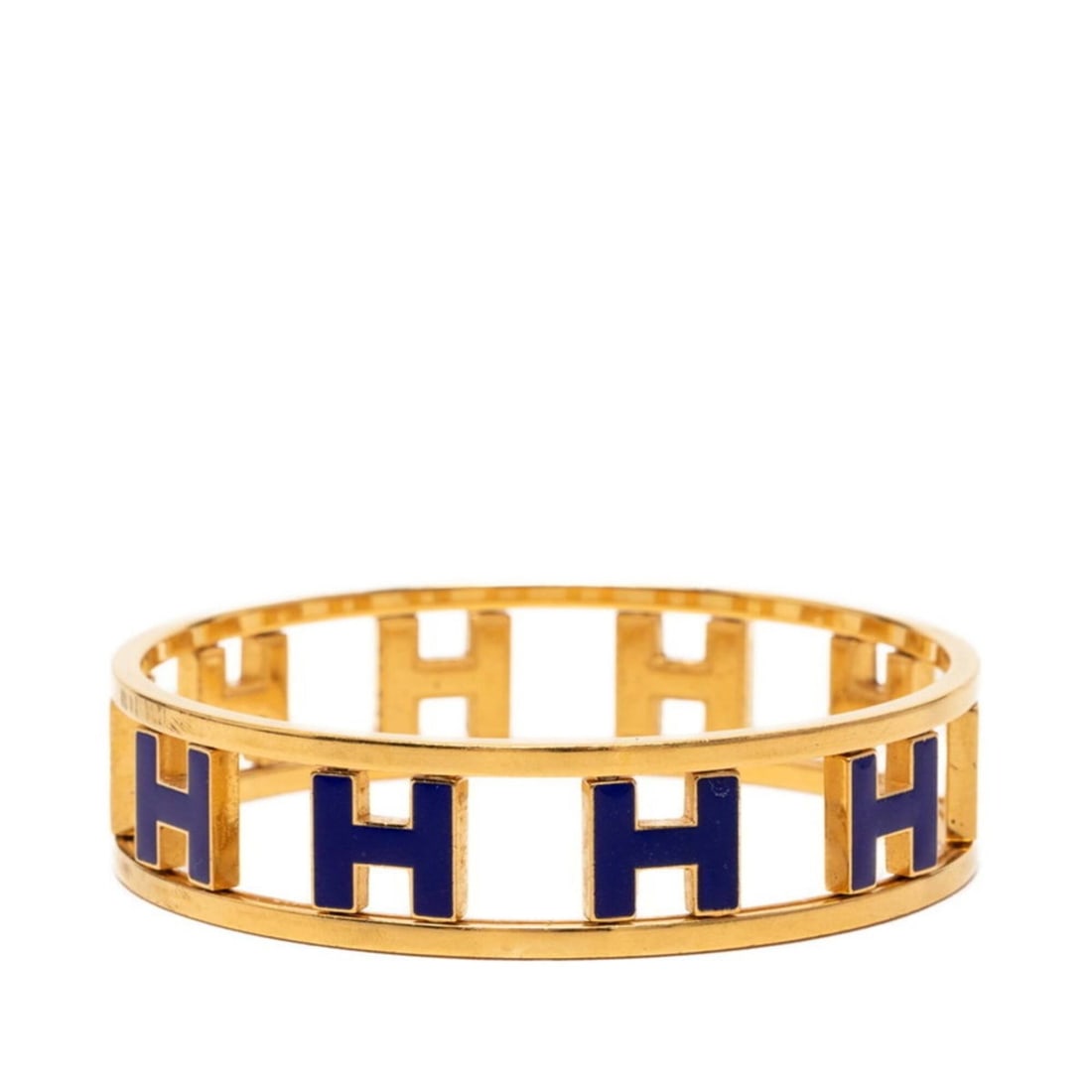 Hermes Rond H Bangle, Gold and Blue Plated, Women's: --- Catalog ---Category: SizeWidth: 1.6cm / 0.62''Length: 19cm / 7.48''Total Length: 21cm / 8.26''Category: DesignType: BangleColor: BlueGender: WomenCategory: GeneralBrand: Hermes--- Item List ---Sec
