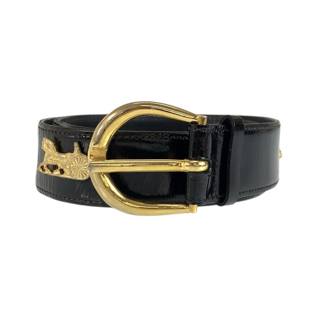 CELINE Vintage Carriage Hardware 70cm Black Gold Patent Leather Belt for Women: --- Catalog ---Category: SizeLength: 65.5cm - 70cm / 25.78'' - 27.55''Category: DesignType: Standard beltColor: Black, GoldGender: WomenLeather/Fur Type: Patent leatherMaterial (Strap): Leather Catego