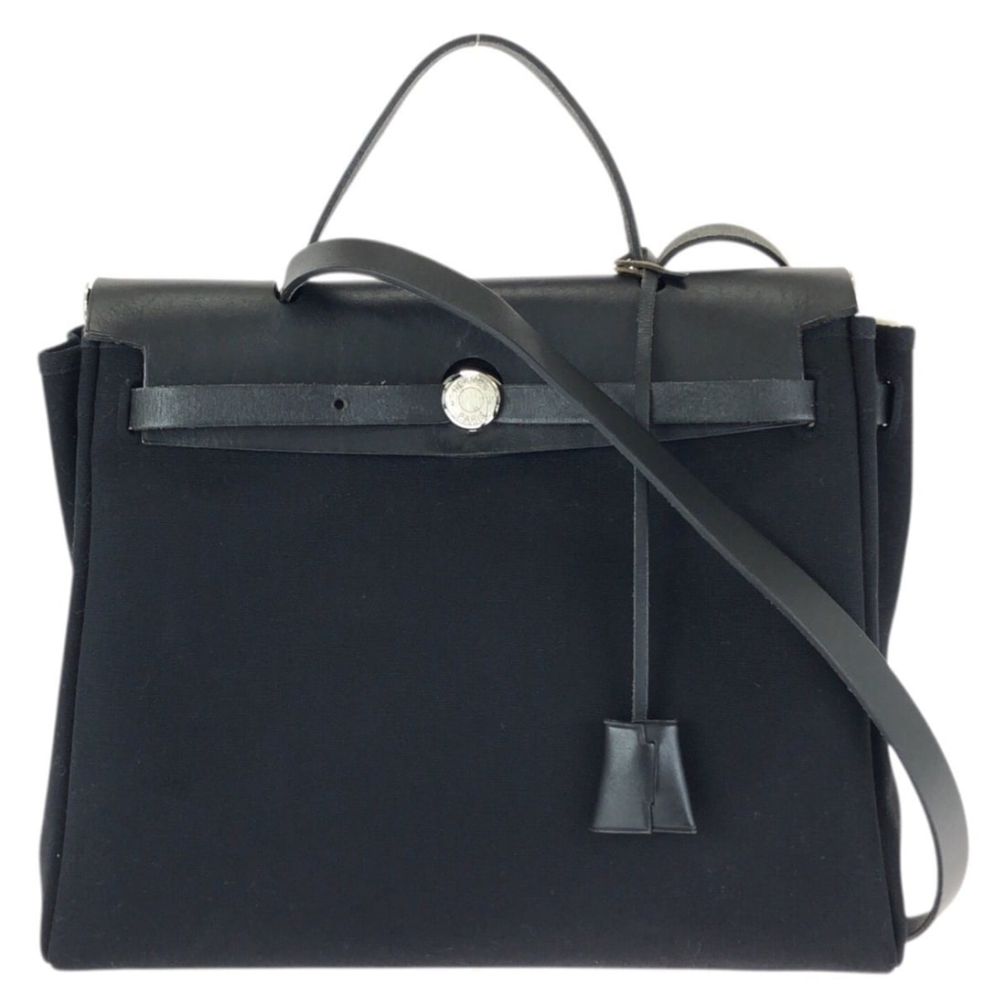 HERMES Herbag PM 2-way bag, Noir (black), silver hardware, canvas and leather, shoulder bag/handbag,: --- Catalog ---Category: SizeSize (HxWxD): 24cm x 39cm x 11cm / 9.44'' x 15.35'' x 4.33''Category: DesignType: Handbag, Shoulder bagColor: BlackGender: WomenMaterial: Canvas , Leather Category: Genera