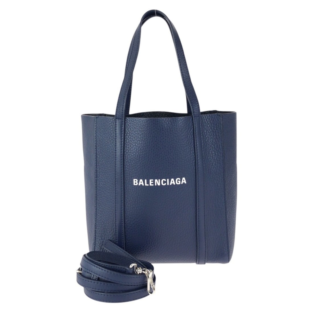 BALENCIAGA Everyday XXS 2-way Shoulder Bag/Tote Bag for Women, Navy, Silver Hardware, Leather,: --- Catalog ---Category: SizeSize (HxWxD): 21cm x 18.5cm x 9cm / 8.26'' x 7.28'' x 3.54''Category: DesignType: Shoulder bag, Tote bagColor: NavyGender: WomenMaterial: Leather Hardware Color: SilverCat