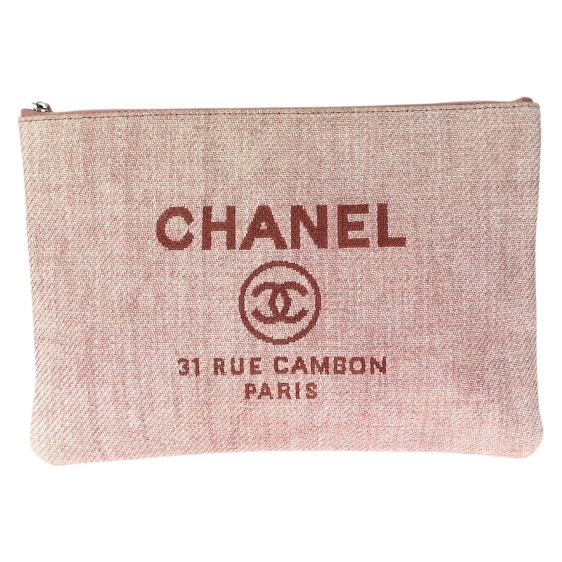 CHANEL Deauville Coco Mark Pink Silver Hardware Canvas Clutch Bag Handbag Pouch for Women: --- Catalog ---Category: SizeSize (HxWxD): 24cm x 34cm x 2cm / 9.44'' x 13.38'' x 0.78''Category: DesignType: Handbag, PouchColor: PinkGender: WomenMaterial: Canvas Hardware Color: SilverCategory: Gen