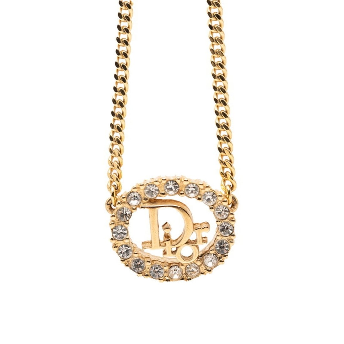 Christian Dior Dior Logo Necklace, Gold Plated, Rhinestones, Women's: --- Catalog ---Category: SizePendant Size: 13.7mm x 16.1mm / 0.53'' x 0.63''Neck Circumference: 43.5 cm / 17.12''Category: DesignColor: GoldGender: WomenMaterial: Gold plating, RhinestoneNecklace Type