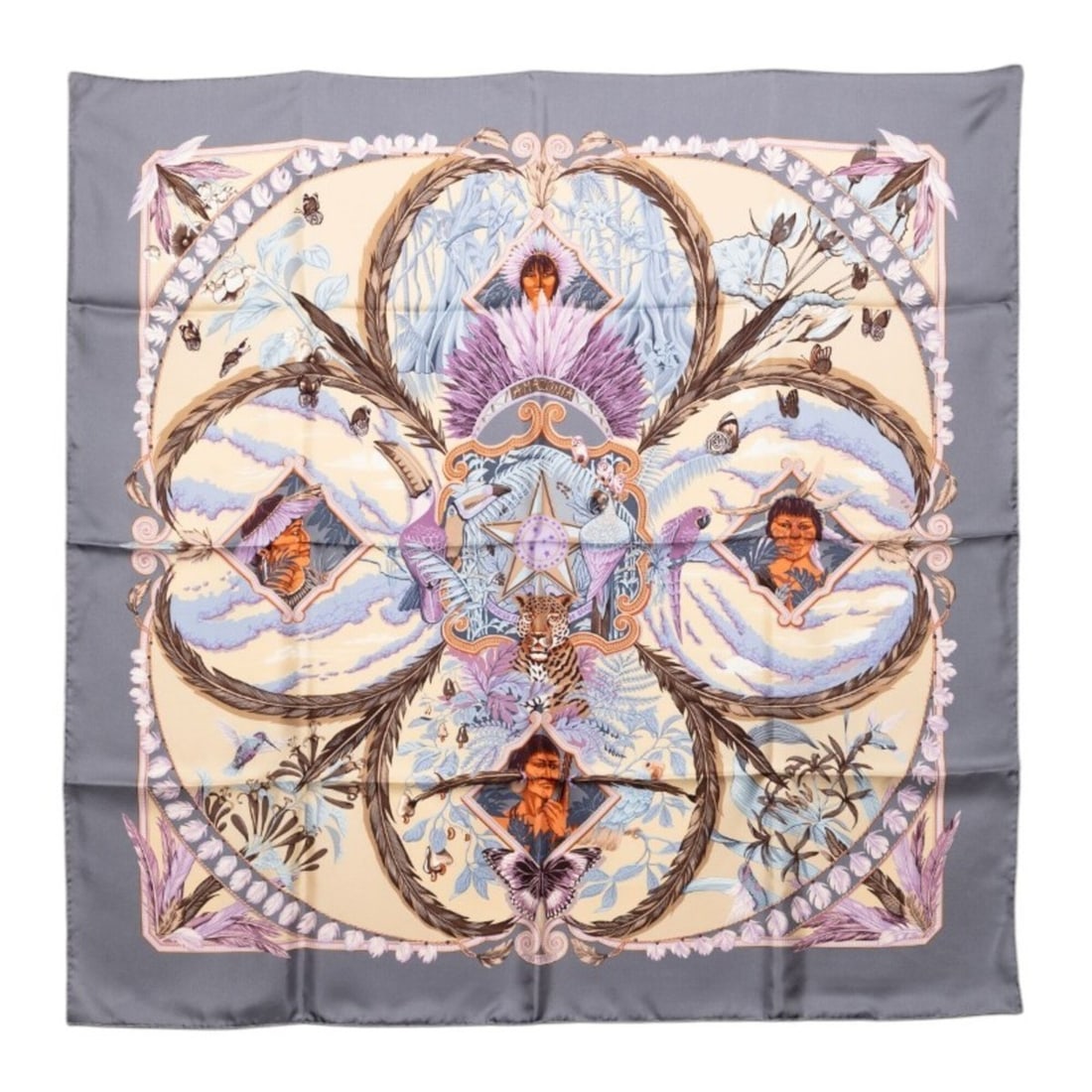 Hermes Carre 90 Amazonia Scarf/Muffler, Gray Multicolor Silk, Women's: --- Catalog ---Category: SizeSize (LxW): 88.5cm x 88cm / 34.84'' x 34.64''Category: DesignType: ScarfColor: Gray, Multi-colorGender: WomenMaterial: Silk Category: GeneralBrand: Hermes--- Item List ---
