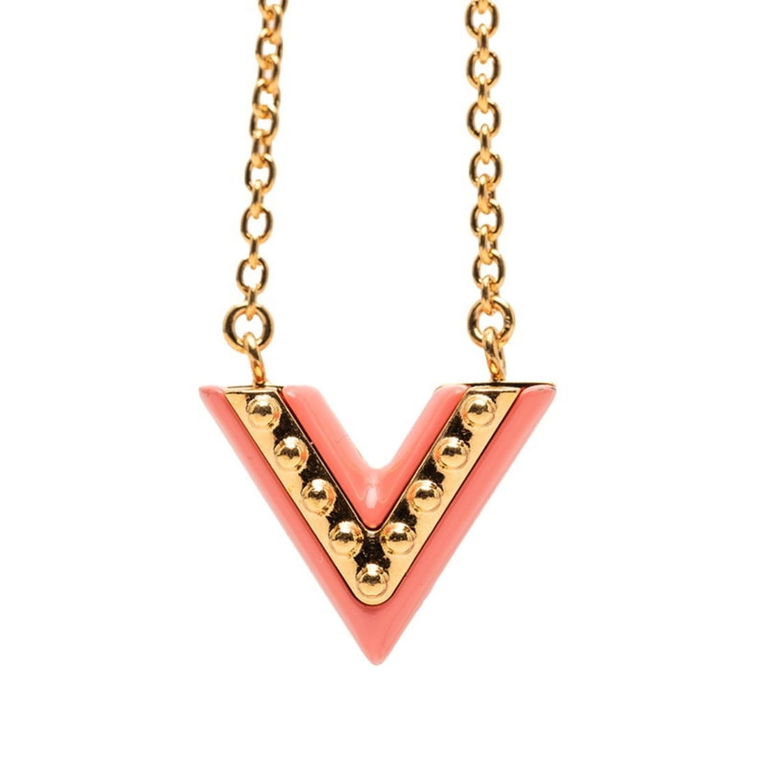 Louis Vuitton Essential V Necklace M63180 Gold Pink Plated Women's LOUIS VUITTON: --- Catalog ---Category: SizePendant Size: 12.7mm x 16.2mm / 0.49'' x 0.63''Neck Circumference: 45 cm / 17.71''Category: DesignColor: Gold, PinkGender: WomenMaterial: Gold platingNecklace Type: Neckla