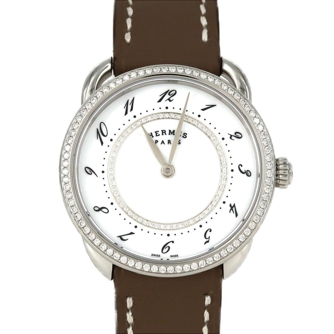 Hermes Arceau D Circle AR13.430 SS Quartz Watch: --- Catalog ---Category: SizeCase Diameter: 30mm / 1.18''Category: DesignType: WristwatchGender: WomenColor (Dial): WhiteMaterial (Case): Stainless steelCategory: GeneralMPN: AR13.430Brand: HermesCate