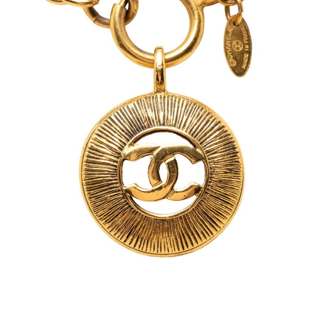 Chanel Coco Mark Chain Round Pendant Necklace, Gold Plated, Women's.: --- Catalog ---Category: SizePendant Size: 40mm x 31.3mm / 1.57'' x 1.23''Neck Circumference: 60 cm / 23.62''Category: DesignColor: GoldGender: WomenMaterial: Gold platingNecklace Type: Pendant neckla