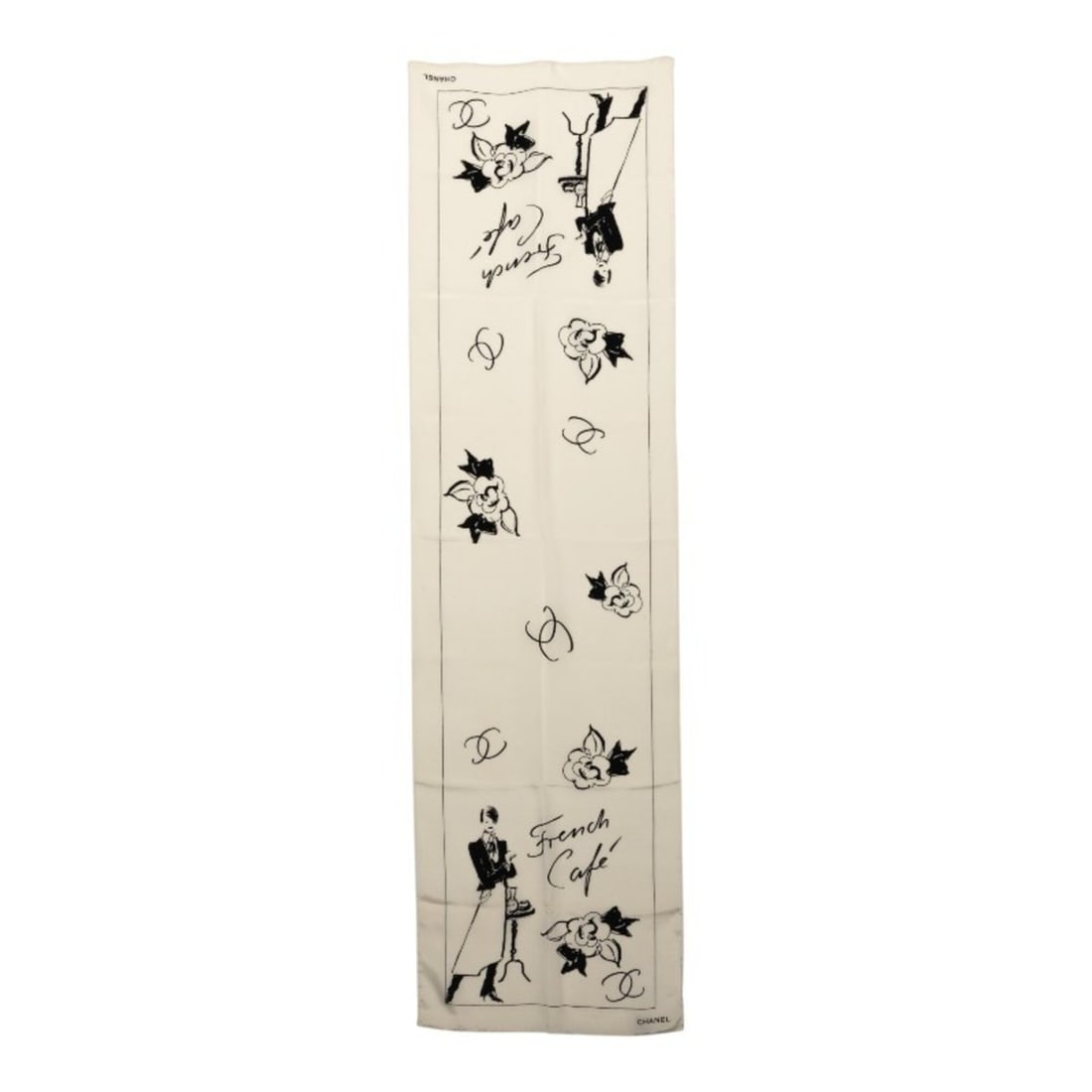 Chanel French Cafe Scarf/Muffler, White/Black, Silk, Women's.: --- Catalog ---Category: SizeSize (LxW): 1.54m x 43cm / 60.62'' x 16.92''Category: DesignType: ScarfColor: Black, WhiteGender: WomenMaterial: Silk Category: GeneralBrand: Chanel--- Item List ---Sectio