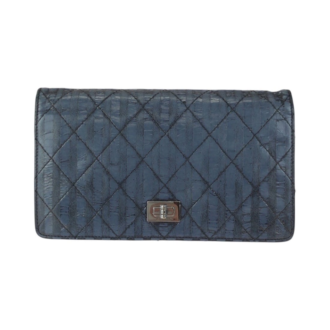 CHANEL Matelassé Navy Leather Long Wallet with Silver Hardware for Women: --- Catalog ---Category: SizeSize (HxWxD): 10.5cm x 18cm x 1.5cm / 4.13'' x 7.08'' x 0.59''Category: DesignType: Wallet (bi-fold)Color: NavyGender: WomenMaterial: Leather Category: GeneralBrand: