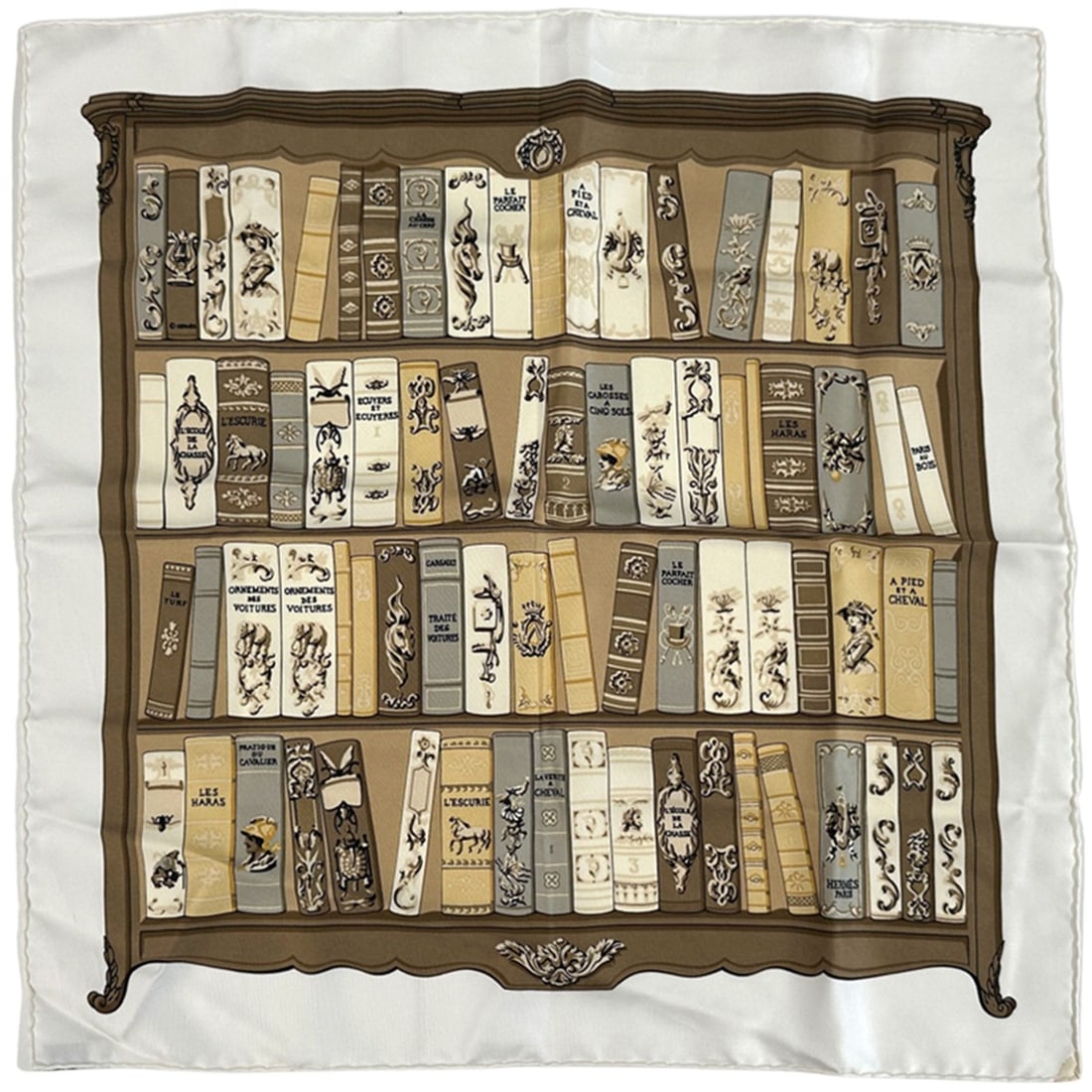 Hermes scarf muffler Petit Carré Bibliotheque Library Women's brand Silk Brown White Book Bookshelf: --- Catalog ---Category: SizeSize (LxW): 42cm x 42cm / 16.53'' x 16.53''Category: DesignType: ScarfColor: Brown, WhiteGender: WomenMaterial: Silk Category: GeneralBrand: HermesCountry of Origin: Franc