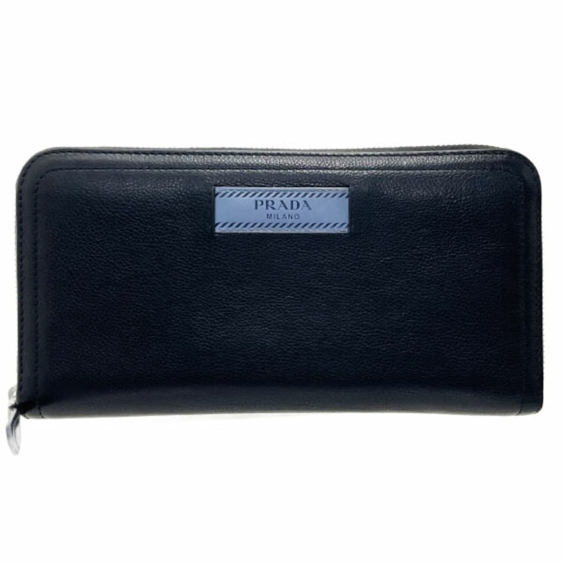 Prada Long Wallet, Round Zip Leather, Black and Light Blue, 1ML506, PRADA Bicolor GLACE CALF CITY: --- Catalog ---Category: SizeSize (HxWxD): 10cm x 20cm x 2.5cm / 3.93'' x 7.87'' x 0.98''Category: DesignType: Long wallet (bi-fold)Color: Astrale, Black, NeroGender: Men,WomenMaterial: Leather Leathe