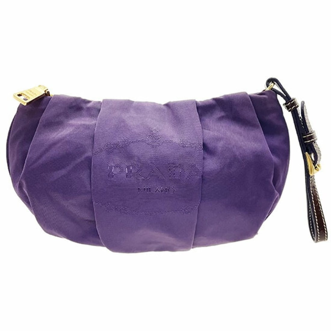 Prada pouch, crest design, nylon, purple, PRADA pleated gathered wristlet SS-17047: --- Catalog ---Category: SizeSize (HxWxD): 14.5cm x 22cm / 5.7'' x 8.66''Category: DesignType: PouchColor: PurpleGender: WomenMaterial: Nylon , Patent leather Category: GeneralBrand: PradaCountry of O