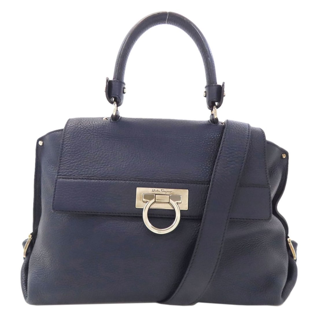 Salvatore Ferragamo Gancini Hardware 2-Way Leather Handbag for Women: --- Catalog ---Category: SizeSize (HxWxD): 22cm x 33cm x 14cm / 8.66'' x 12.99'' x 5.51''Category: DesignType: HandbagColor: NavyGender: WomenMaterial: Leather Category: GeneralBrand: Salvatore Ferrag