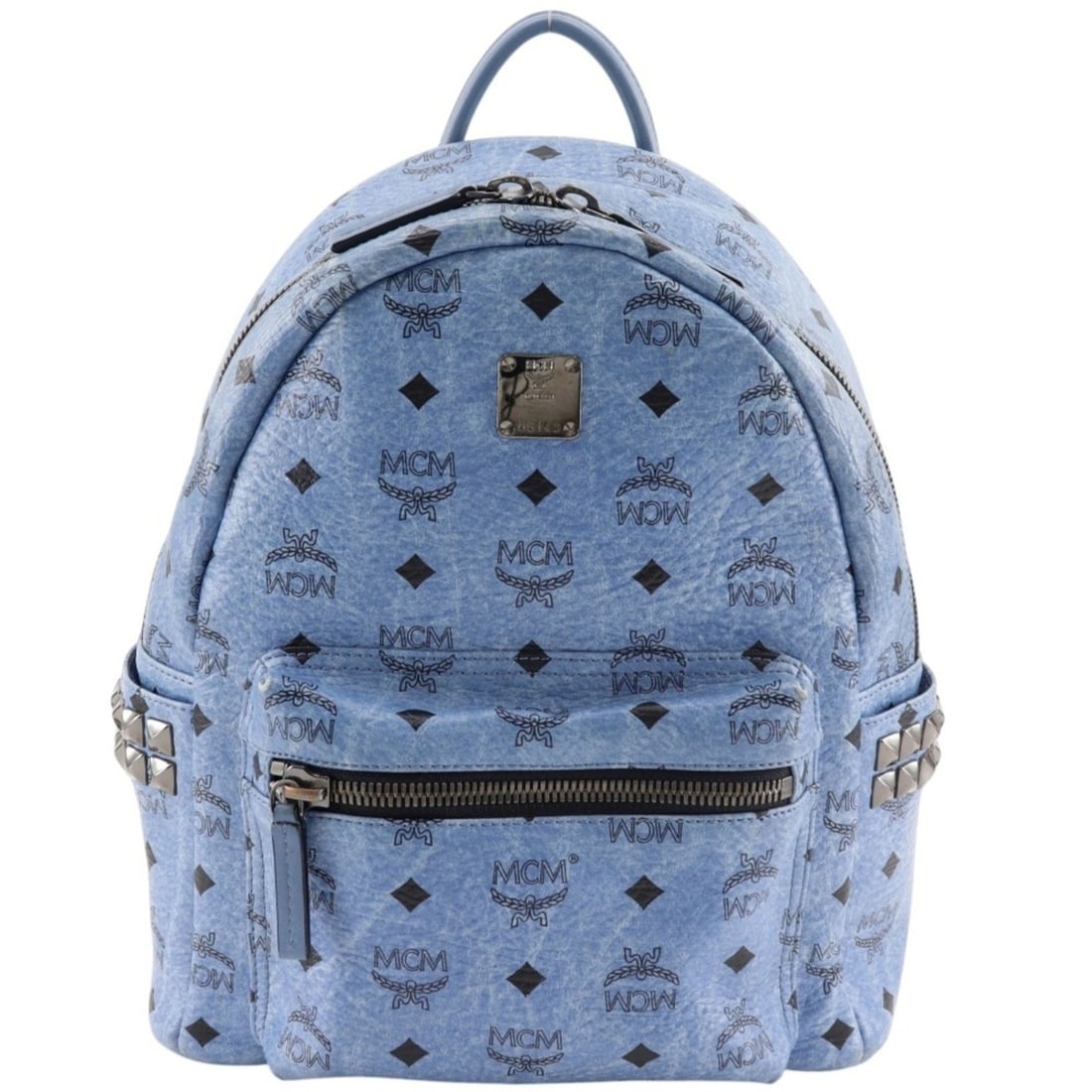 MCM Stark Backpack/Daypack, Logo Gram Studded Leather, Light Blue, 2-way, A5 Size, Double Zipper,: --- Catalog ---Category: SizeSize (HxWxD): 32cm x 26cm x 12cm / 12.59'' x 10.23'' x 4.72''Category: DesignType: BackpackColor: Light blueGender: WomenMaterial: Leather Category: GeneralBrand: MCM--- I