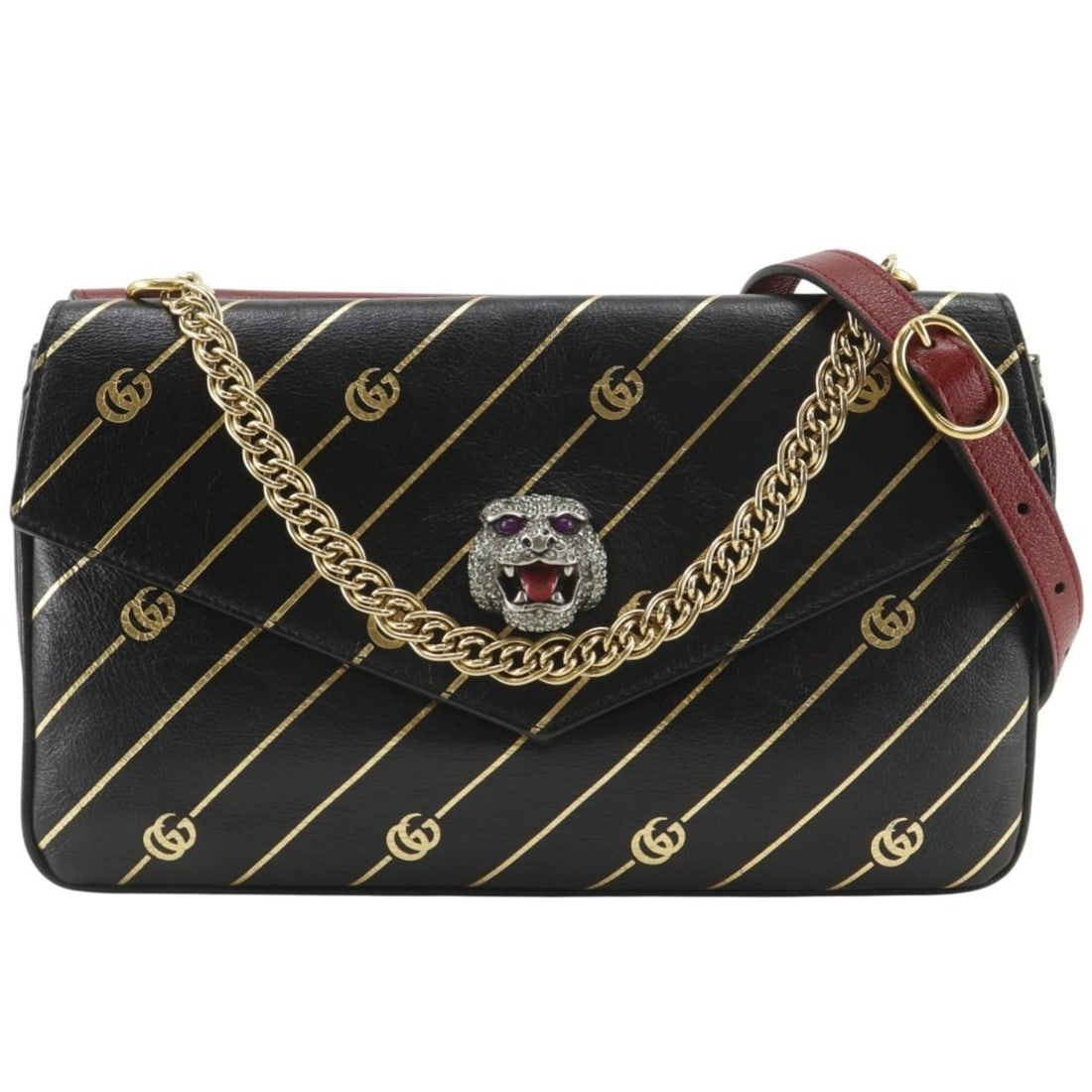 Gucci GG Cat Double Face Shoulder Bag, Chain Strap, 524822, Calfskin, Red/Black, 2-way, Face,: --- Catalog ---Category: SizeSize (HxWxD): 16cm x 27cm x 4cm / 6.29'' x 10.62'' x 1.57''Category: DesignType: Shoulder bagColor: Black, Red colorGender: WomenMaterial: Leather Category: GeneralBrand: 