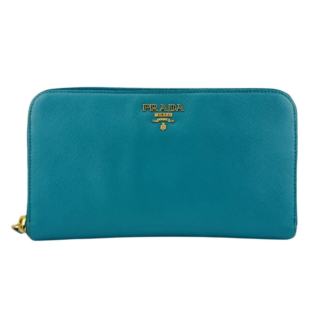 PRADA Saffiano Leather Round Zip Wallet, Blue: --- Catalog ---Category: SizeSize (HxWxD): 10.5cm x 18.5cm / 4.13'' x 7.28''Category: DesignType: Long wallet (bi-fold)Color: BlueGender: WomenMaterial: Leather Category: GeneralLine: SaffianoBrand: P