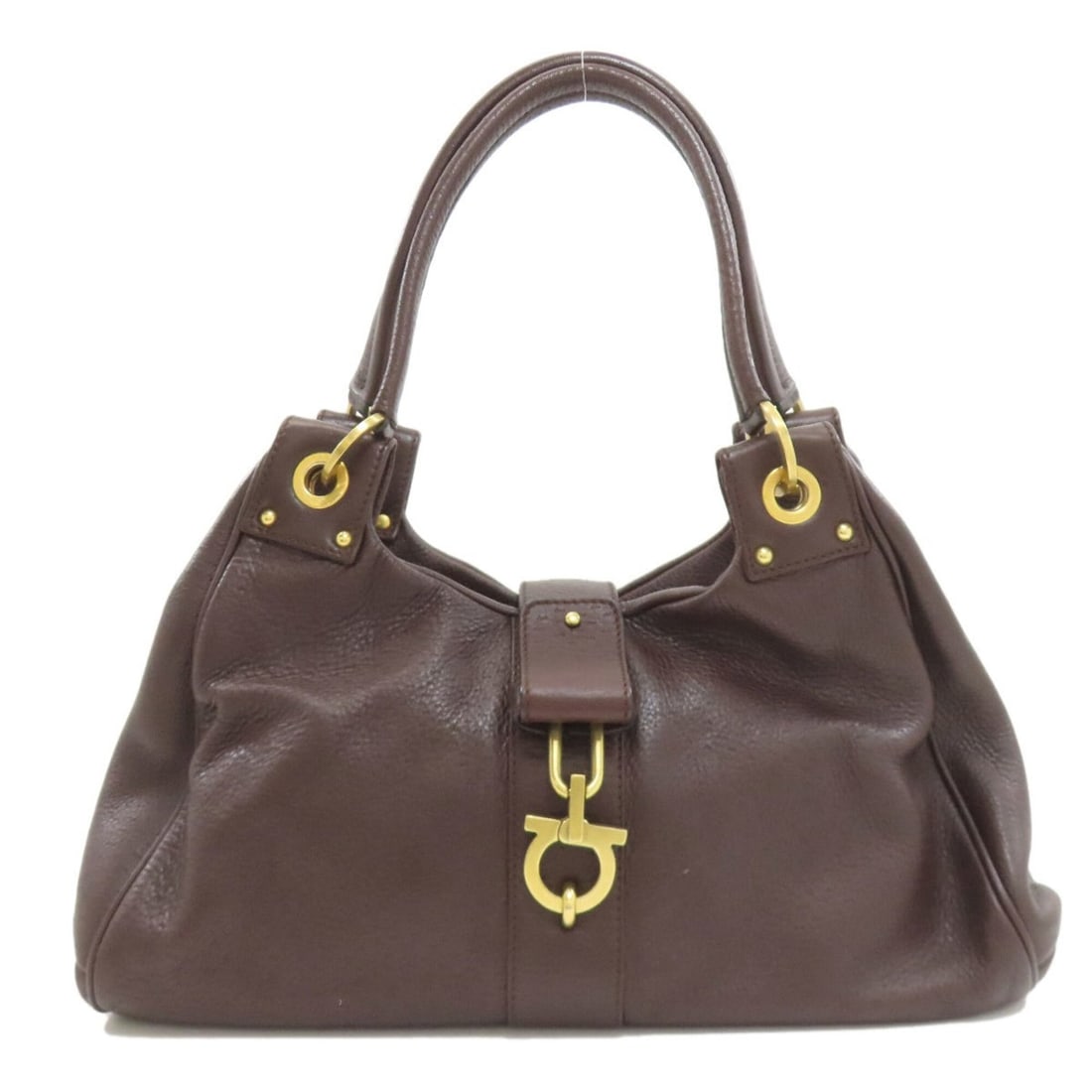 Salvatore Ferragamo Gancini Hardware Handbag Leather Women's: --- Catalog ---Category: SizeSize (HxWxD): 21cm x 35cm x 13cm / 8.26'' x 13.77'' x 5.11''Category: DesignType: HandbagColor: Dark brownGender: WomenMaterial: Leather Category: GeneralBrand: Salvatore 
