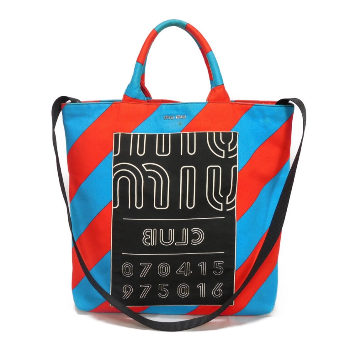Miu Miu Miu Club Tote Bag, Bias Stripe, Red, Multicolor, 2-Way, Logo, Cotton, Blue, 5BG022 2EU0: --- Catalog ---Category: SizeSize (HxWxD): 34cm x 38cm x 11cm / 13.38'' x 14.96'' x 4.33''Category: DesignType: Tote bagColor: BlueGender: Men,WomenMaterial: Cotton Outer Pocket: Zipper pocket Hardwar