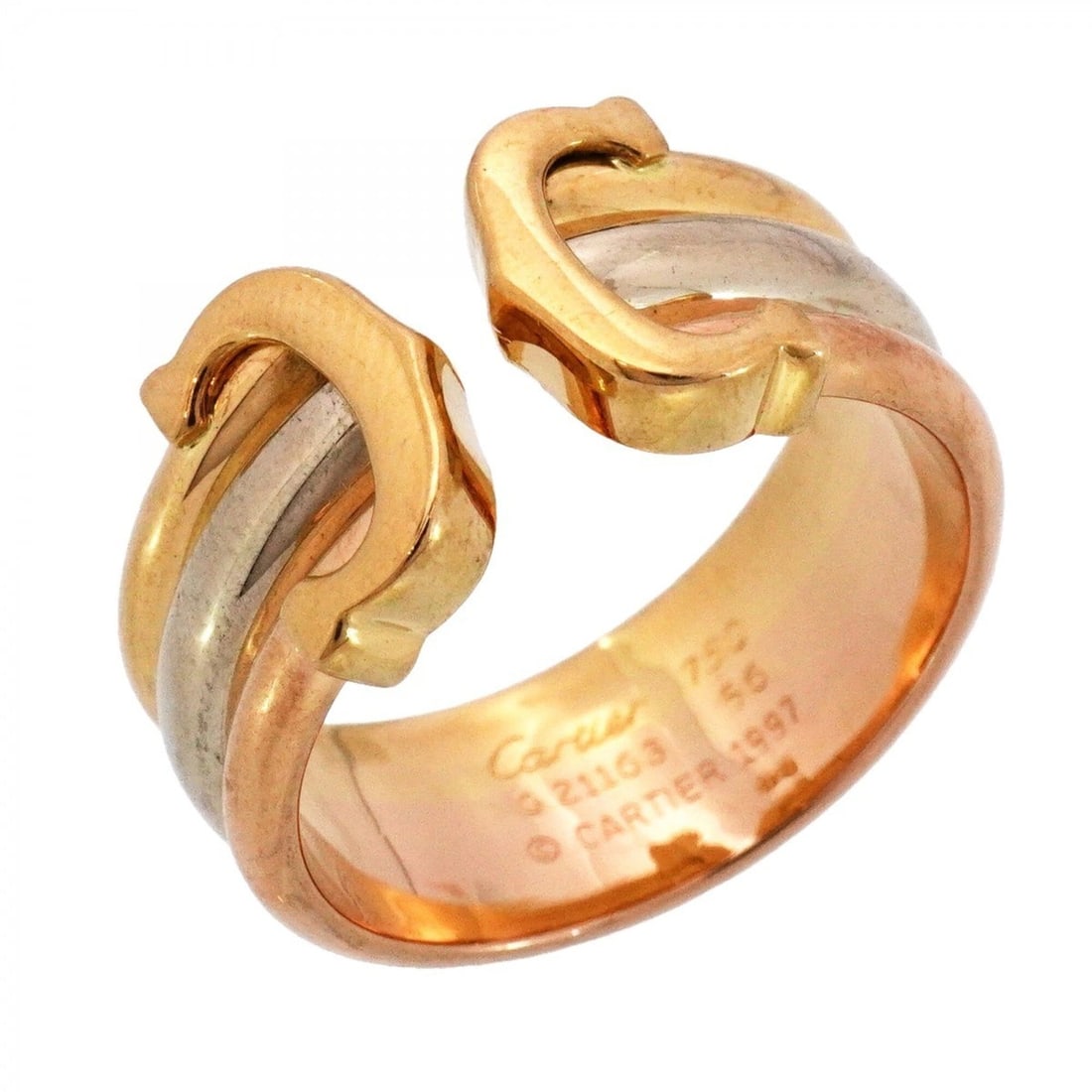 Cartier Ring 2C 18K Yellow Gold (KYG), White (18KWG), Pink (18KPG) Size #56 (Women's): --- Catalog ---Category: SizeUS Size: 8Brand Size: 56Category: DesignType: Band ringGender: WomenMaterial: Pink gold (18K), White gold (18K), Yellow gold (18K)Category: GeneralBrand: Cartier--- Item L
