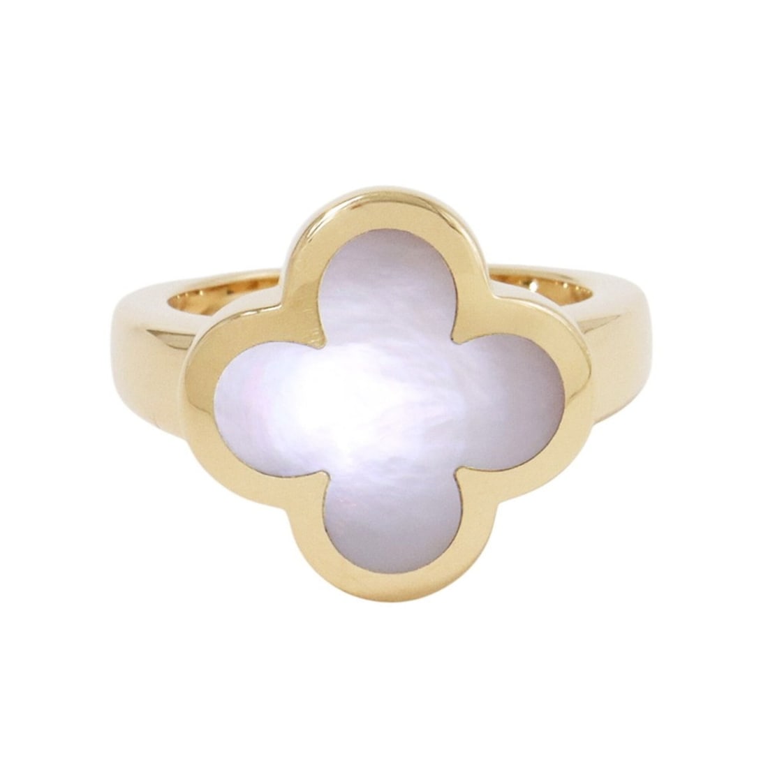 Van Cleef & Arpels Pure Alhambra Ring, Mother of Pearl, 18K Yellow Gold, Ring Size 51, VCARA35900: --- Catalog ---Category: SizeUS Size: 6Brand Size: 51Category: DesignType: Band ringColor: Yellow goldStone: Mother of pearlGender: WomenMaterial: Yellow gold (18K)Category: GeneralMPN: VCARA35951/VCA