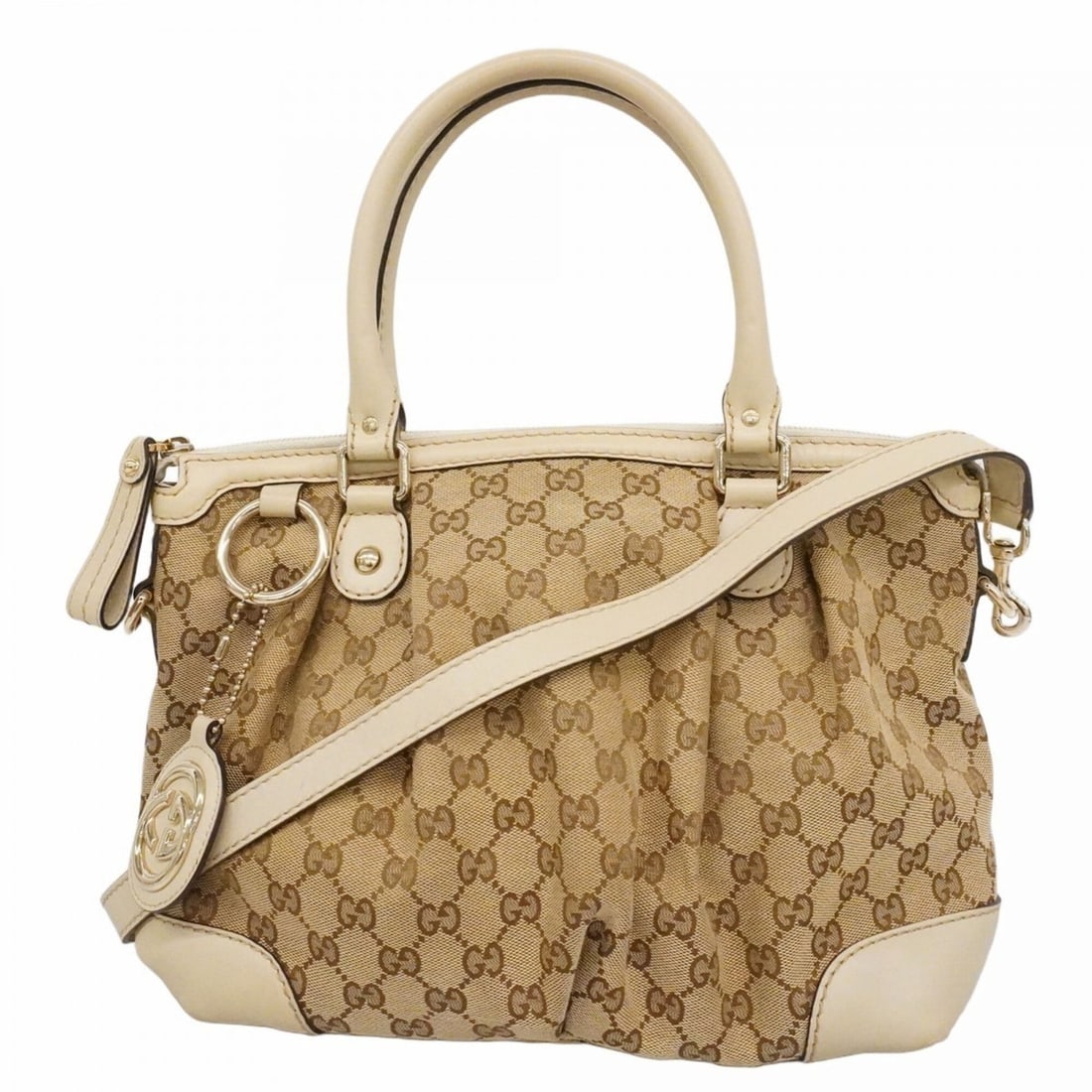 Gucci GG Canvas Sukey Handbag 247902, Brown Beige Champagne, 2-way bag for women: --- Catalog ---Category: SizeSize (HxWxD): 26cm x 28cm x 13cm / 10.23'' x 11.02'' x 5.11''Category: DesignType: HandbagColor: Beige, BrownGender: WomenMaterial: Canvas Hardware Color: Champagne goldCa