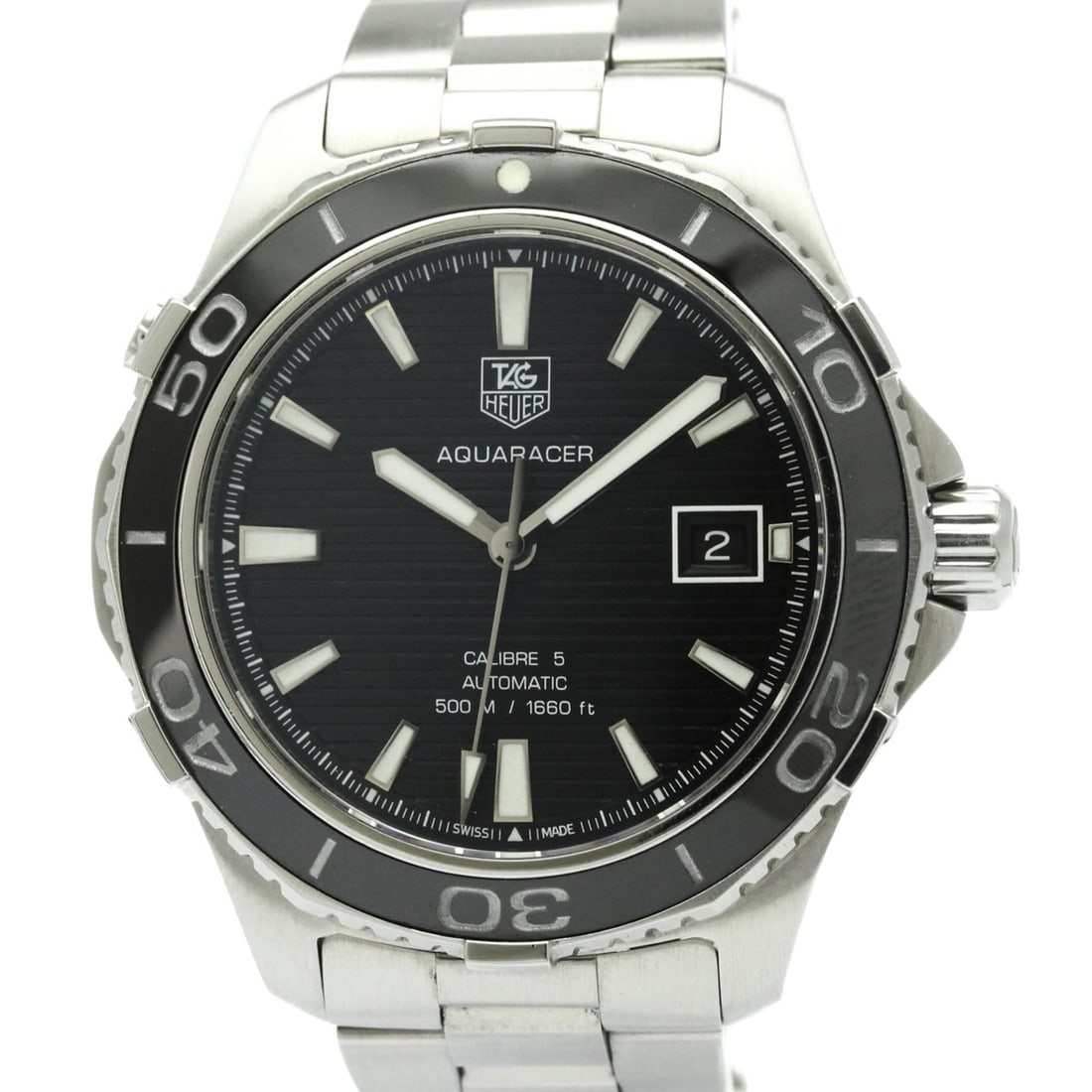 TAG HEUER Aquaracer 500M Calibre 5 Automatic Watch WAK2110 Polished: --- Catalog ---Category: SizeCase Diameter: 41mm / 1.61''Category: DesignType: WristwatchStyle: SportGender: MenColor (Dial): BlackMaterial (Band): Stainless steelMaterial (Case): Stainless steelCateg