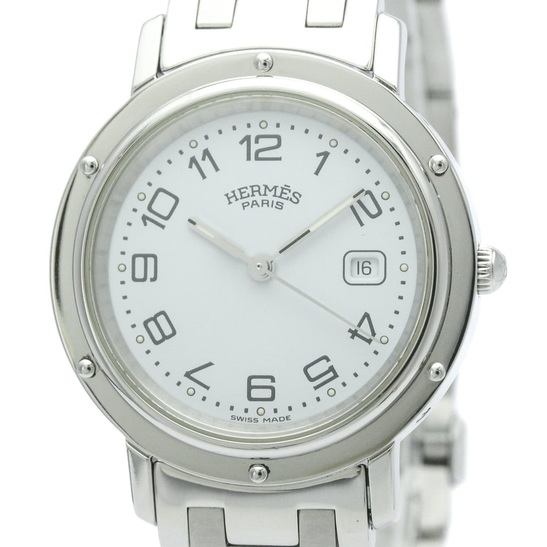 HERMES Clipper Stainless Steel Quartz Unisex Watch CL4.410 Polished: --- Catalog ---Category: SizeCase Diameter: 32mm / 1.26''Category: DesignType: WristwatchStyle: Dress/FormalGender: UnisexColor (Dial): WhiteMaterial (Band): Stainless steelMaterial (Case): Stainless 