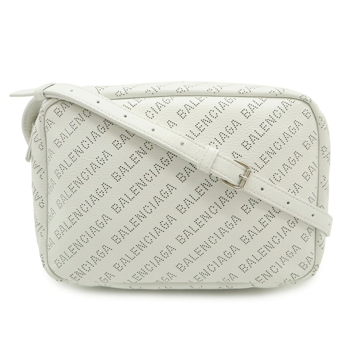 BALENCIAGA Balenciaga Perforated Camera Bag Medium Shoulder Pouch Leather White 679267: --- Catalog ---Category: SizeSize (HxWxD): 16cm x 22.5cm x 6cm / 6.29'' x 8.85'' x 2.36''Category: DesignType: Pochette, Shoulder bagColor: WhiteGender: Men,WomenMaterial: Leather Category: GeneralMPN