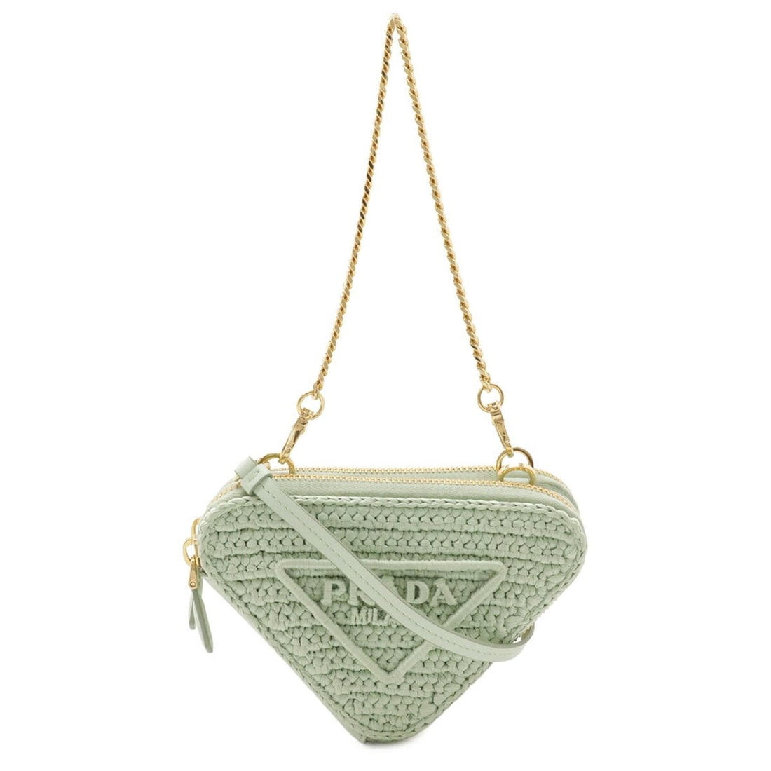PRADA Mini Containeri Crochet Bag, 3-Way Chain Shoulder Raffia Leather, Mint Green, 1NR015: --- Catalog ---Category: SizeSize (HxWxD): 10cm x 15cm x 2cm / 3.93'' x 5.9'' x 0.78''Category: DesignType: Clutch bag, Pouch, Shoulder bagColor: GreenGender: Women,MenMaterial: Raffia , Leather Categ