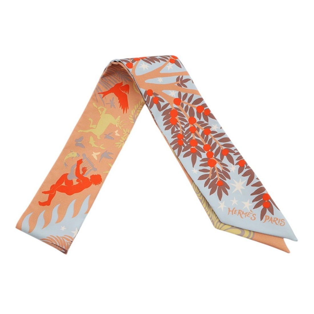 Hermes Scarf Muffler Twilly - Enticed by the Charm of Orpheus Sous le Charme d Orphee HERMES 2022: --- Catalog ---Category: SizeSize (LxW): 5cm x 86cm / 1.96'' x 33.85''Category: DesignType: ScarfColor: Beige, Orange, WhiteGender: Men,WomenMaterial: Silk Category: GeneralBrand: HermesCountry of Ori