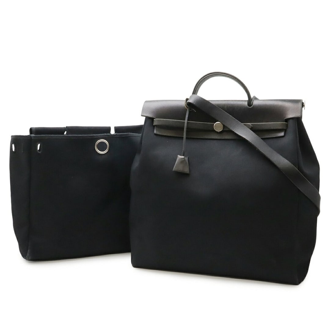 HERMES Herbag MM Handbag Shoulder Bag Toile Officier Canvas Leather Black ?D Stamp: --- Catalog ---Category: SizeWeight: 1.1kg / 2.42lb.Size (HxWxD): 42.5cm x 39cm x 13.5cm / 16.73'' x 15.35'' x 5.31''Strap Length: 97cm / 38.18''Category: DesignType: Handbag, Shoulder bagColor: Black
