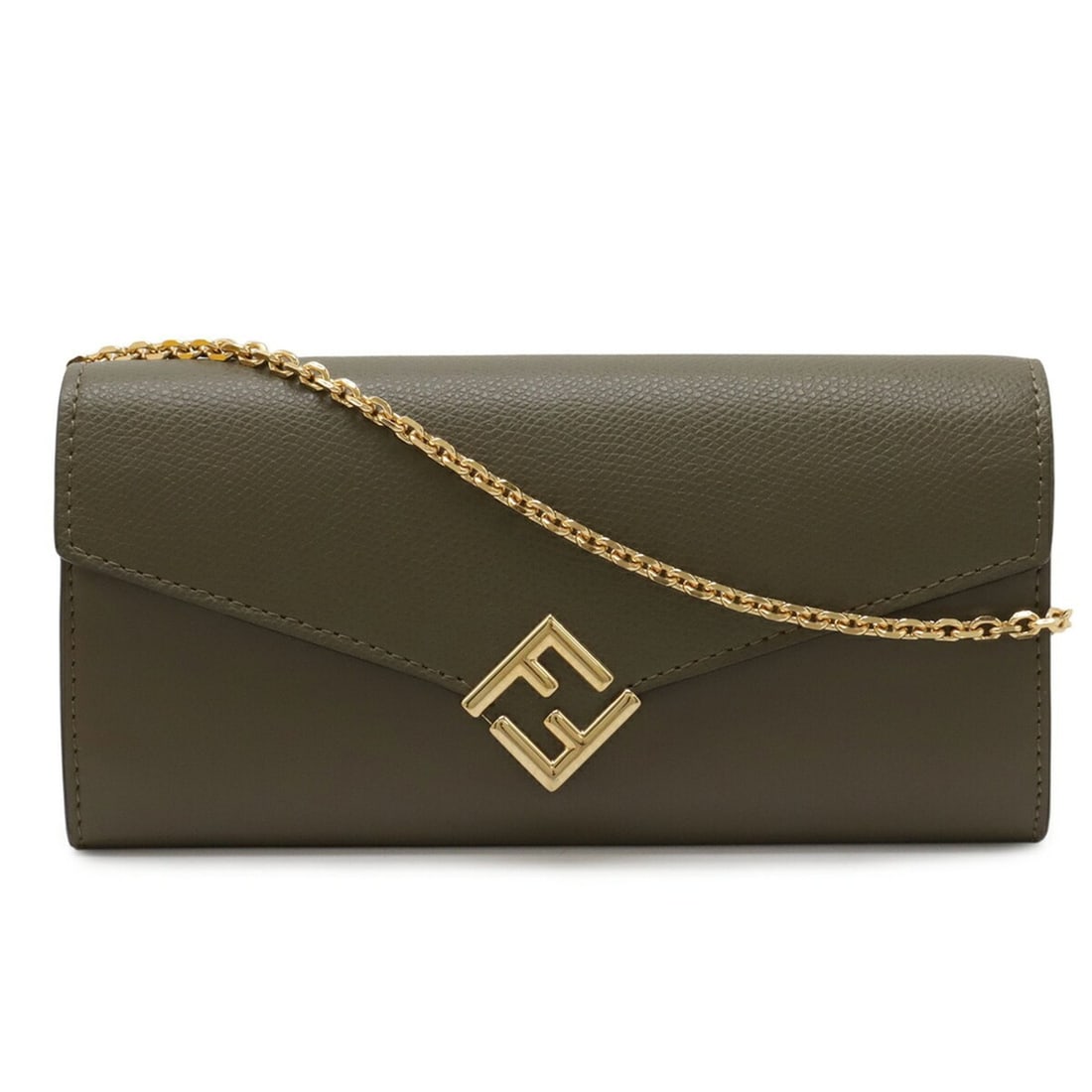 FENDI FF Diamond Wallet Chain Long Clutch Bag Pochette Leather Greige 8M0365: --- Catalog ---Category: SizeSize (HxWxD): 9.5cm x 19cm / 3.74'' x 7.48''Strap / Chain Length: 1.13m / 44.88''Category: DesignType: Chain/Shoulder walletColor: GrayishGender: WomenMaterial: Leather Ca