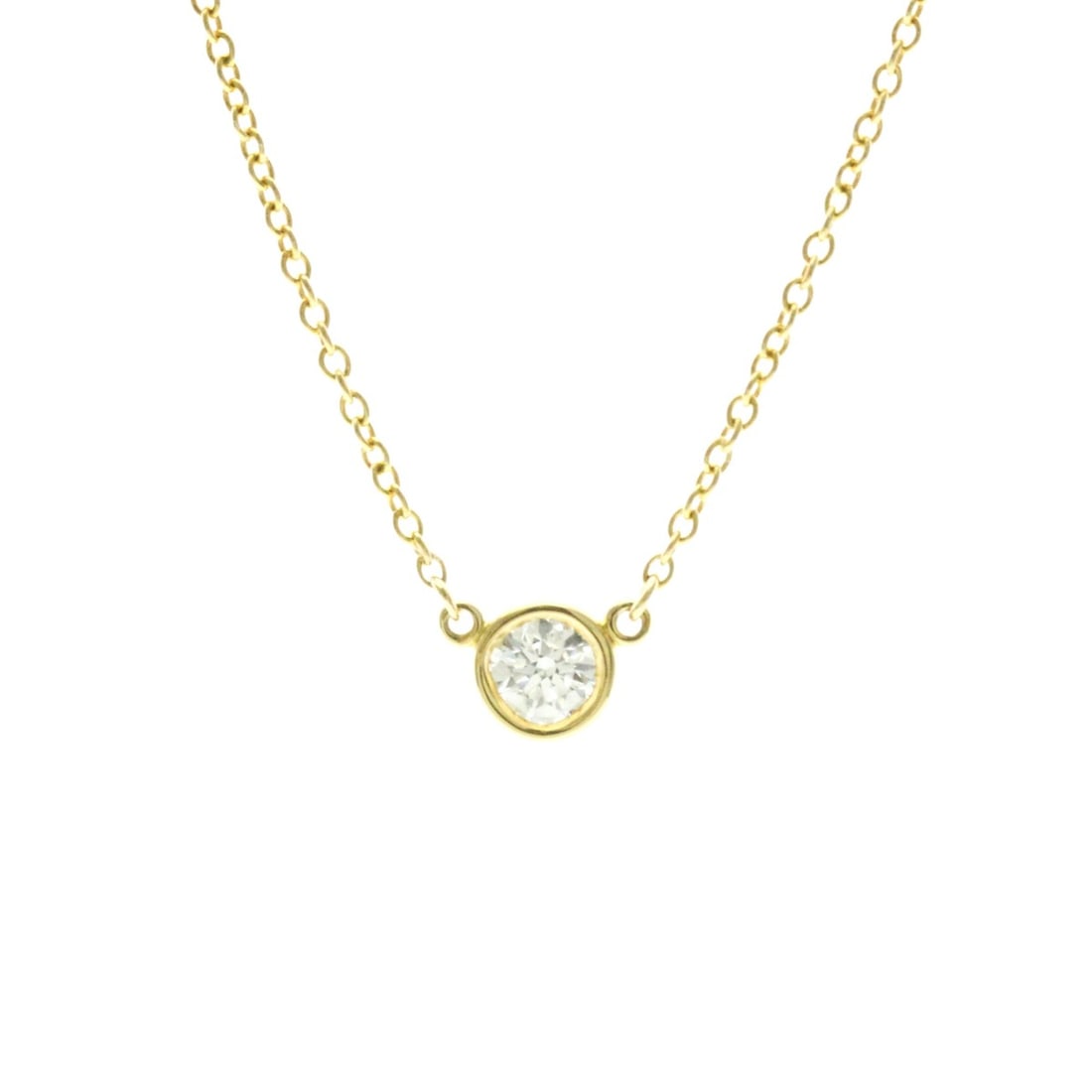 Tiffany Diamonds By The Yard Yellow Gold (18K) Diamond Men,Women Fashion Pendant Necklace Carat/0.2: --- Catalog ---Category: SizeWeight: 2g / 0.07oz.Pendant Size: 4.8mm x 4.8mm / 0.18'' x 0.18''Stone Size (HxW): 3.75mm x 3.77mm / 0.15'' x 0.15''Neck Circumference: 41 cm / 16.14''Category: DesignColo