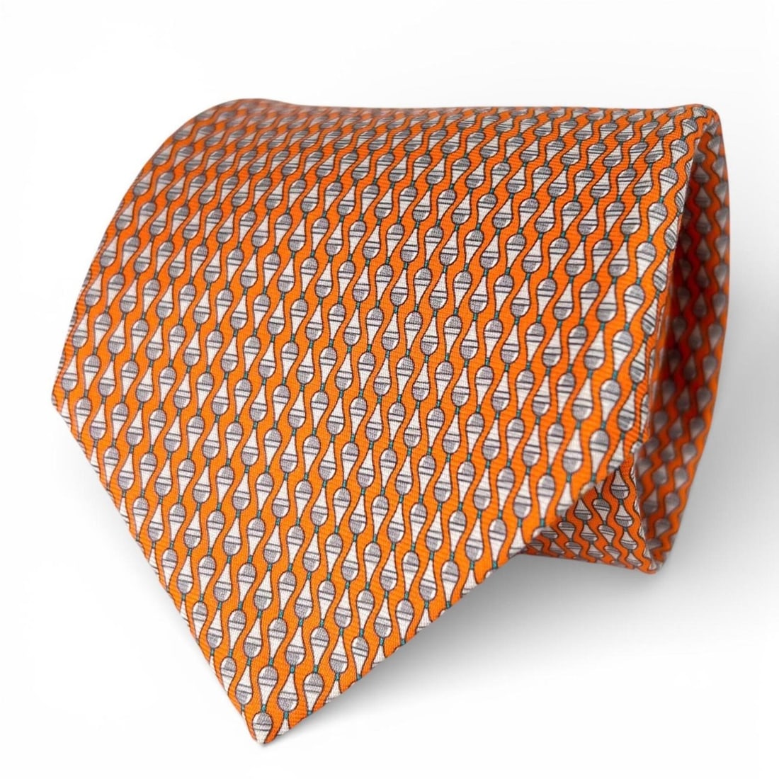 HERMES 646153 UA 100% Silk Patterned Cravat Tie, Orange, with Box, Made in France, Men's (1 of 11)