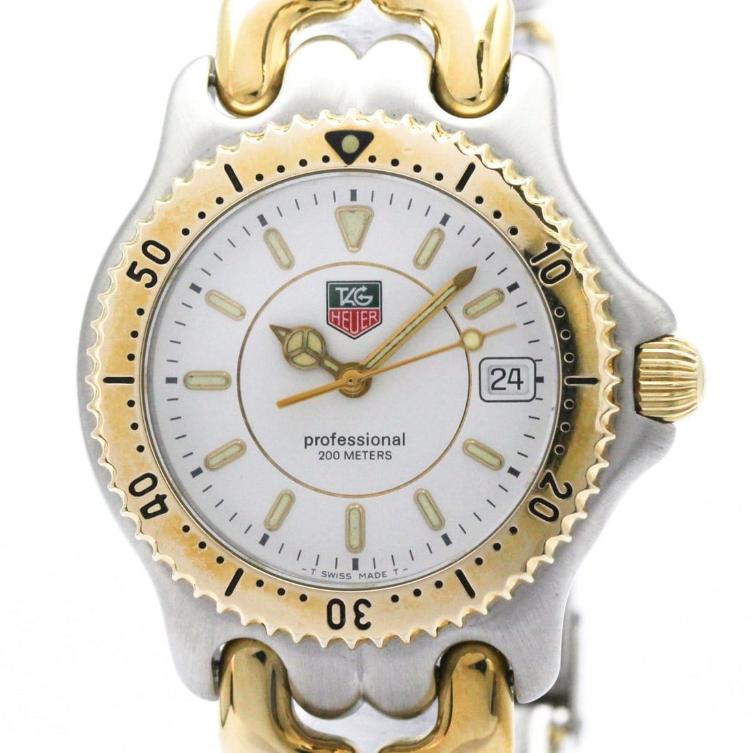 TAG HEUER Sel Professional 200M Steel Mid Size Watch WG1222 Polished: --- Catalog ---Category: SizeCase Diameter: 34mm / 1.34''Category: DesignType: WristwatchStyle: Dress/FormalGender: MenColor (Dial): WhiteMaterial (Band): Gold plated, Stainless steelMaterial (Case): 