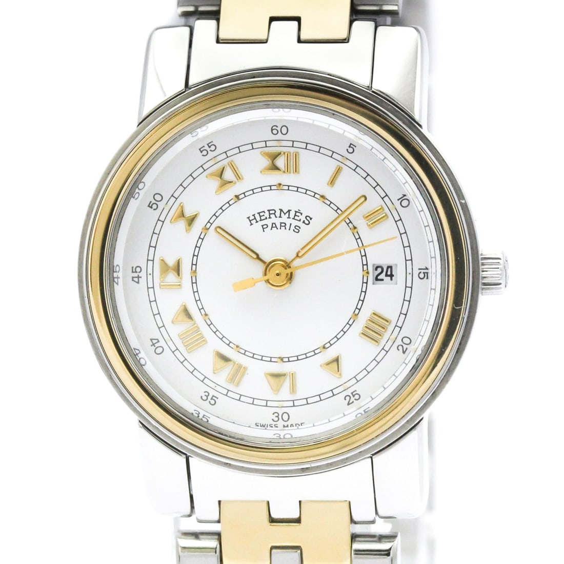 HERMES Carrick Gpld Plated Steel Quartz Ladies Watch CA1.220 Polished: --- Catalog ---Category: SizeCase Diameter: 26mm / 1.02''Category: DesignType: WristwatchStyle: Dress/FormalGender: WomenColor (Dial): WhiteMaterial (Band): Gold plated, Stainless steelMaterial (Case)