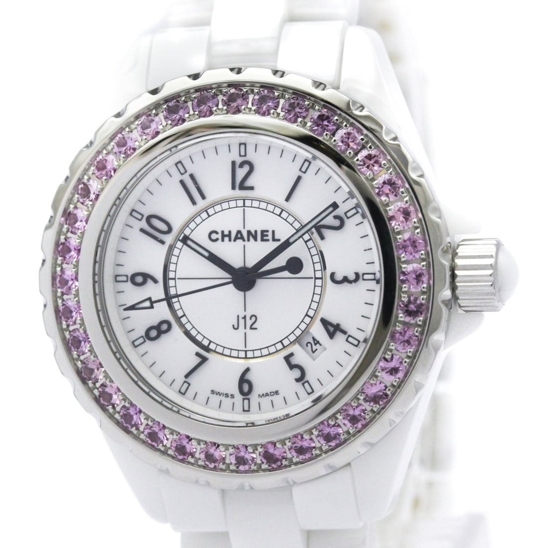 CHANEL J12 Pink Sapphire Ceramic Quartz Ladies Watch H1181 Polished: --- Catalog ---Category: SizeCase Diameter: 33mm / 1.3''Category: DesignType: WristwatchStyle: Dress/FormalGender: WomenColor (Dial): WhiteMaterial (Band): CeramicMaterial (Case): CeramicCategory: Gen