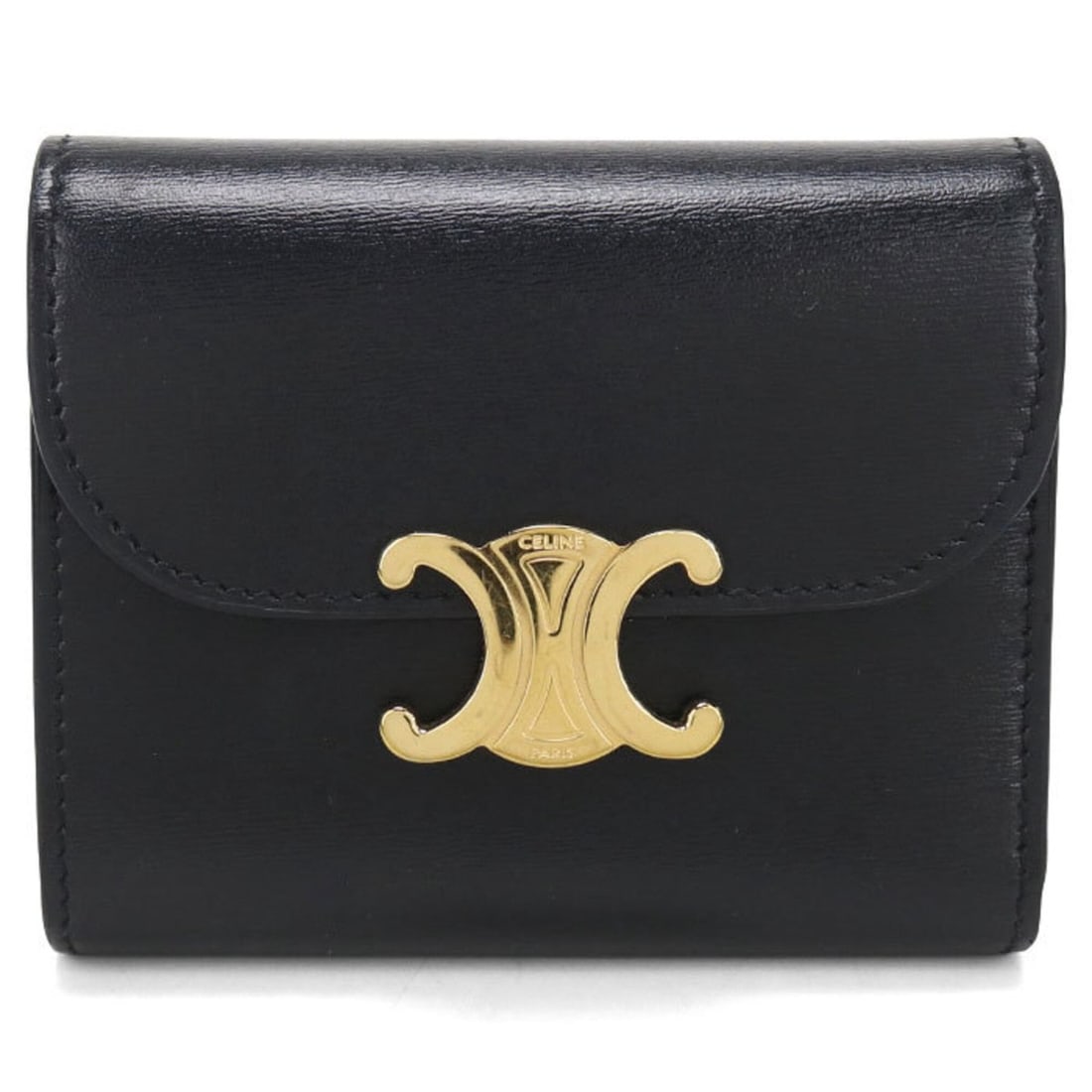 CELINE Celine Tri-fold Wallet Small Flap Triomphe Women's Black: --- Catalog ---Category: SizeSize (HxWxD): 9cm x 10.5cm x 3cm / 3.54'' x 4.13'' x 1.18''Category: DesignType: Wallet (tri-fold)Color: BlackGender: WomenMaterial: Leather Leather/Fur Type: CalfskinCate