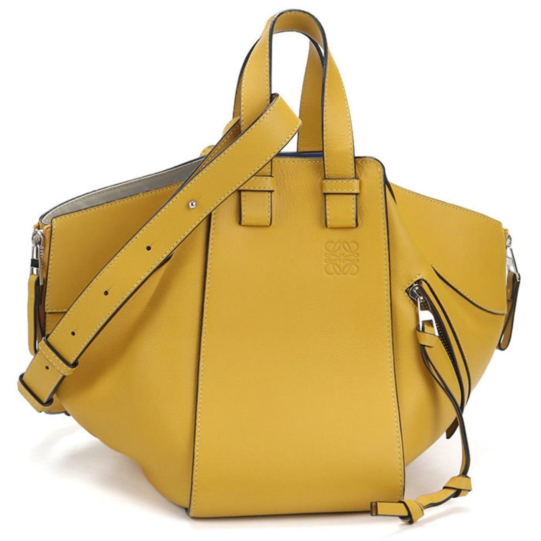 LOEWE Hammock 2-Way Handbag for Women, Yellow: --- Catalog ---Category: SizeSize (HxWxD): 23cm x 14cm x 24cm / 9.05'' x 5.51'' x 9.44''Category: DesignType: HandbagColor: YellowGender: WomenMaterial: Leather Hardware Color: SilverLeather/Fur Type: