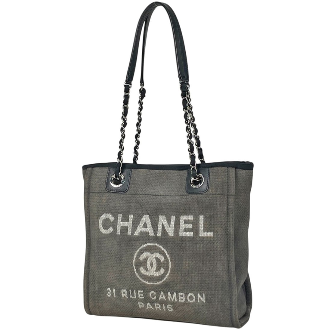 Chanel Deauville Chain Tote Bag Shoulder Coco Mark PM Canvas Gray Women's: --- Catalog ---Category: SizeSize (HxWxD): 26cm x 26cm x 11cm / 10.23'' x 10.23'' x 4.33''Category: DesignType: Shoulder bag, Tote bagColor: GrayGender: WomenMaterial: Canvas , Leather Category: Gener