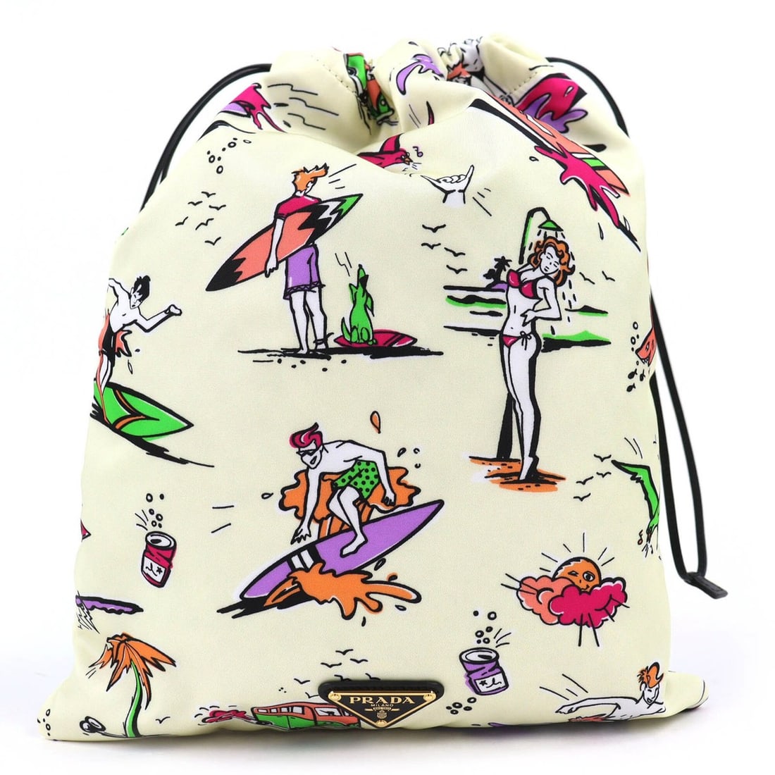PRADA 1NK001 Triangle Logo Surfing Print Drawstring RE-NYLON Bag Pouch Ivory Multicolor Women's: --- Catalog ---Category: SizeSize (HxWxD): 34cm x 28.5cm / 13.38'' x 11.22''Category: DesignType: PouchColor: Ivory, Multi-colorGender: WomenMaterial: Nylon Category: GeneralMPN: 1NK001Brand: Prada---