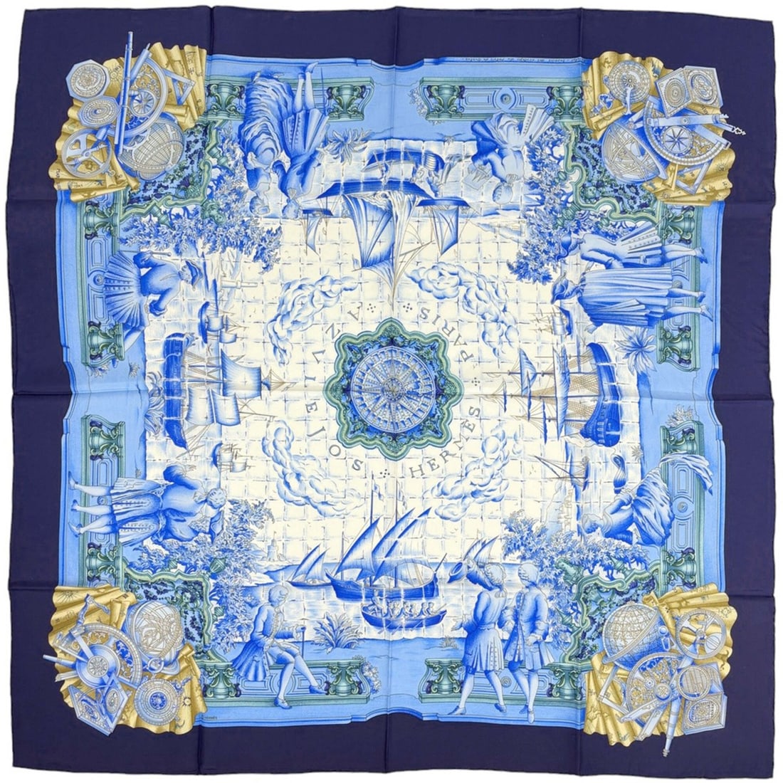 Hermes HERMES Carre 90 AZVLEJOS Noble Ship Scarf Muffler Silk Blue Multicolor Women's (1 of 8)