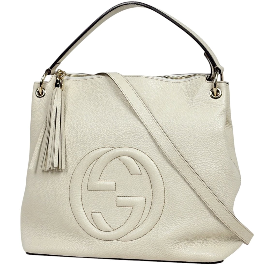 Gucci Soho Handbag, 2-Way, Interlocking G Pattern, Leather, White, 408825, Women's: --- Catalog ---Category: SizeSize (HxWxD): 31cm x 34cm x 14cm / 12.2'' x 13.38'' x 5.51''Category: DesignType: HandbagColor: WhiteGender: WomenMaterial: Leather Category: GeneralLine: SohoBrand: Gucci
