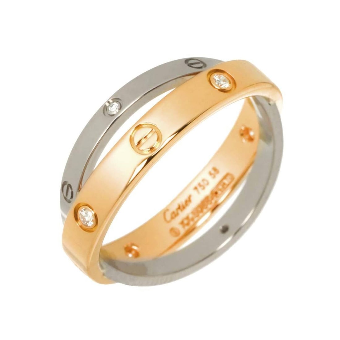 Cartier Be Love #58 Ring with 6 Diamonds, 18K White Gold (WG) and Pink (750): --- Catalog ---Category: SizeJP Size: 18US Size: 9Category: DesignType: Band ringColor: Pink goldGender: WomenMaterial: Pink gold (18K)Category: GeneralBrand: Cartier--- Item List ---Section: Conditio