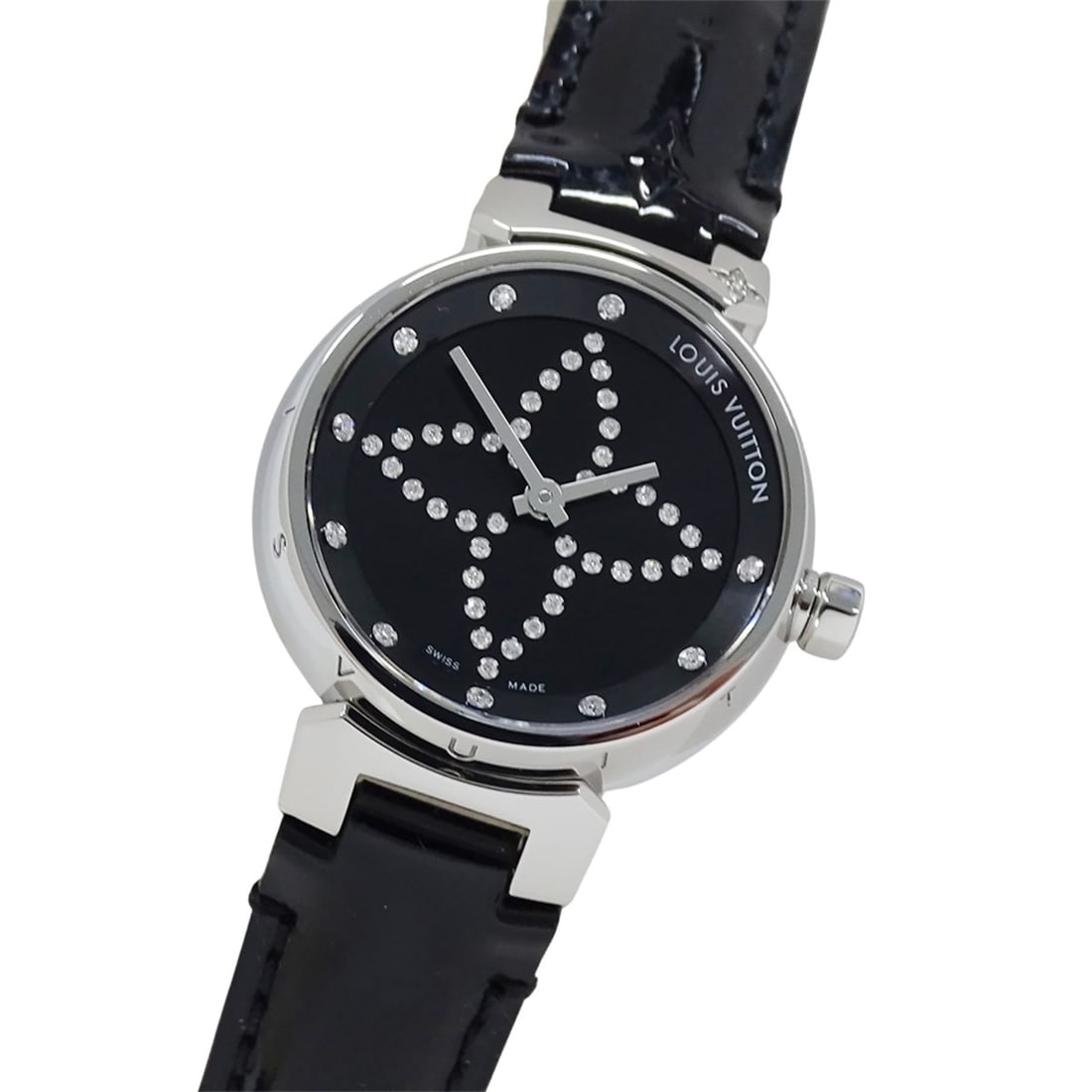 Louis Vuitton LOUIS VUITTON Women's Watch Tambour Forever Diamond Quartz QZ Stainless Steel SS: --- Catalog ---Category: SizeWrist Size: 17cm / 6.69''Case Diameter: 27mm / 1.06''Category: DesignType: WristwatchGender: WomenColor (Dial): BlackMaterial (Band): LeatherMaterial (Case): Stainless