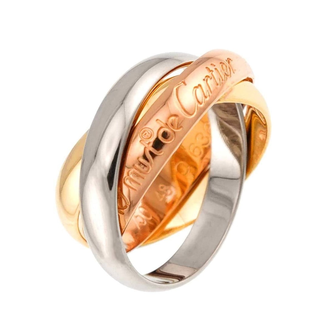 Cartier Trinity Medium MM #48 18K YG WG PG Triple Ring Yellow White Pink Gold 750: --- Catalog ---Category: SizeUS Size: 4.5Brand Size: 48Category: DesignType: Band ringGender: WomenMaterial: Pink gold (18K), White gold (18K), Yellow gold (18K)Category: GeneralBrand: Cartier---