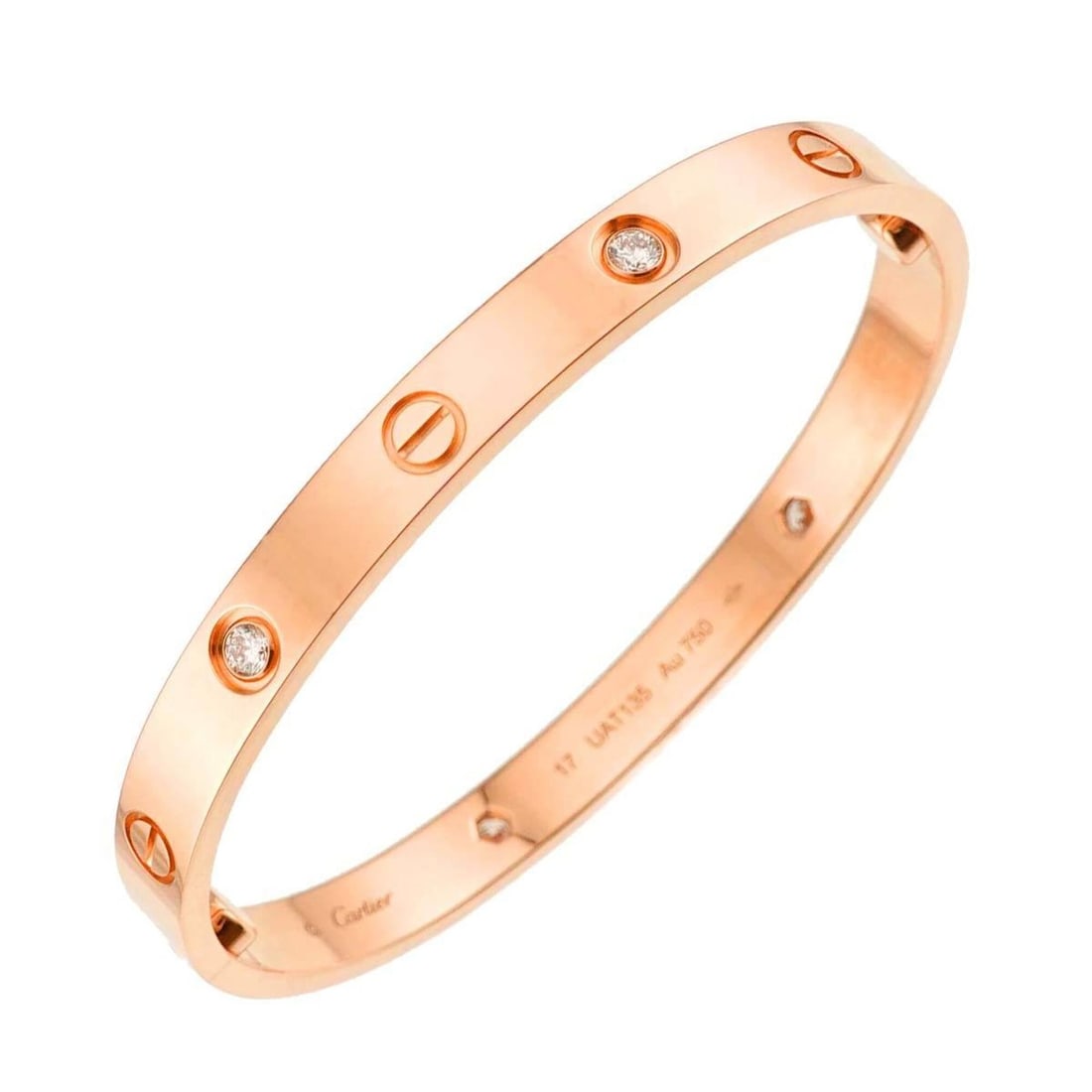 Cartier Love Bracelet #17, Half Diamond 4P, 18K PG Pink Gold 750 Bangle: --- Catalog ---Category: SizeLength: 16cm / 6.29''Category: DesignType: Charm braceletColor: PinkGender: WomenMaterial: Pink gold (18K)Category: GeneralBrand: Cartier--- Item List ---Section: Conditio