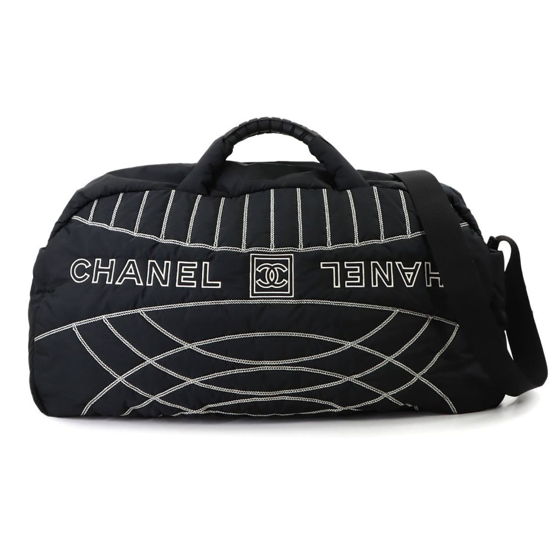 Chanel Sport Line 2-way Boston Shoulder Handbag Nylon Black Bag: --- Catalog ---Category: SizeSize (HxWxD): 28cm x 56cm x 18cm / 11.02'' x 22.04'' x 7.08''Category: DesignType: Boston bag, Shoulder bagColor: BlackGender: Women,MenMaterial: Nylon Category: GeneralBr