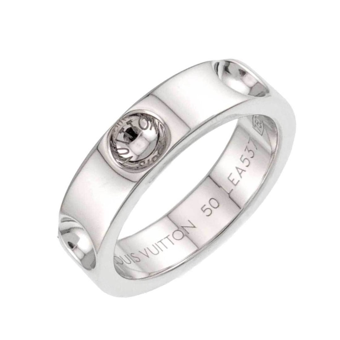 Louis Vuitton Petit Bague Empreinte Ring #50, 18K WG (White Gold 750): --- Catalog ---Category: SizeUS Size: 5.5Brand Size: 50Category: DesignType: Band ringGender: Men,WomenMaterial: White gold (18K)Category: GeneralBrand: Louis Vuitton--- Item List ---Section: Conditio