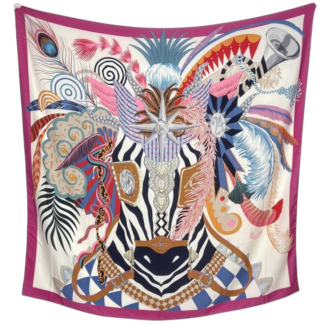 Hermes Carre Geant Cheval Masque (Cashmere Silk Scarf/Muffler) - Multicolor Women's: --- Catalog ---Category: SizeSize (LxW): 1.36m x 1.38m / 53.54'' x 54.33''Category: DesignType: ScarfColor: Fuchsia, Multi-colorGender: WomenMaterial: Cashmere 70%, Silk 30%Category: GeneralBrand: Her